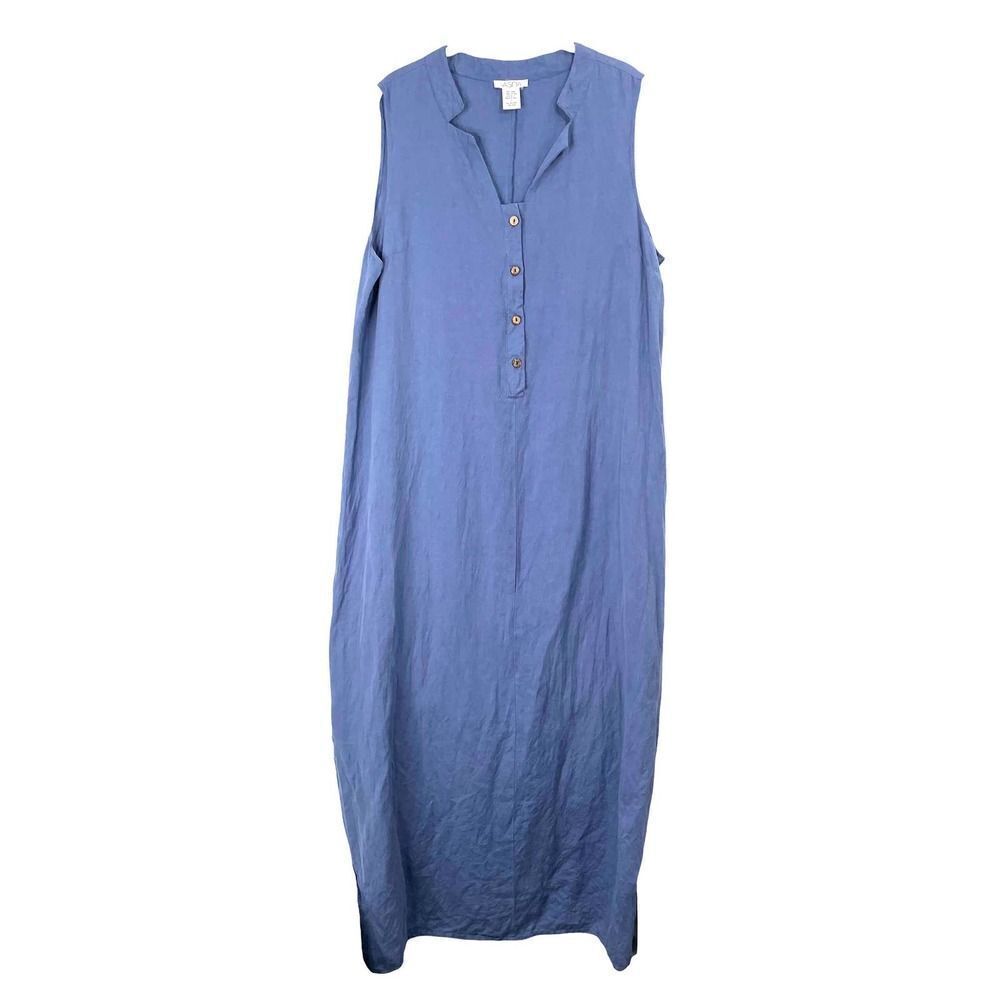 VASNA linen blend sleeveless long maxi dress Sz XL blue boho lagenlook